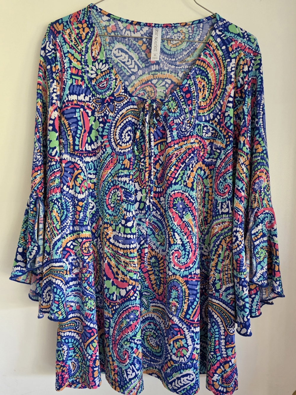 Dear Scarlett Multi-Color Paisley Tie-Neck Tunic in Blue XL